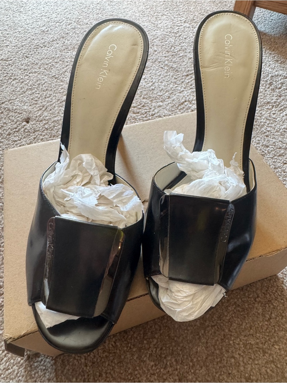 Calvin Klein Black Patent Open-Toe Slide Mules